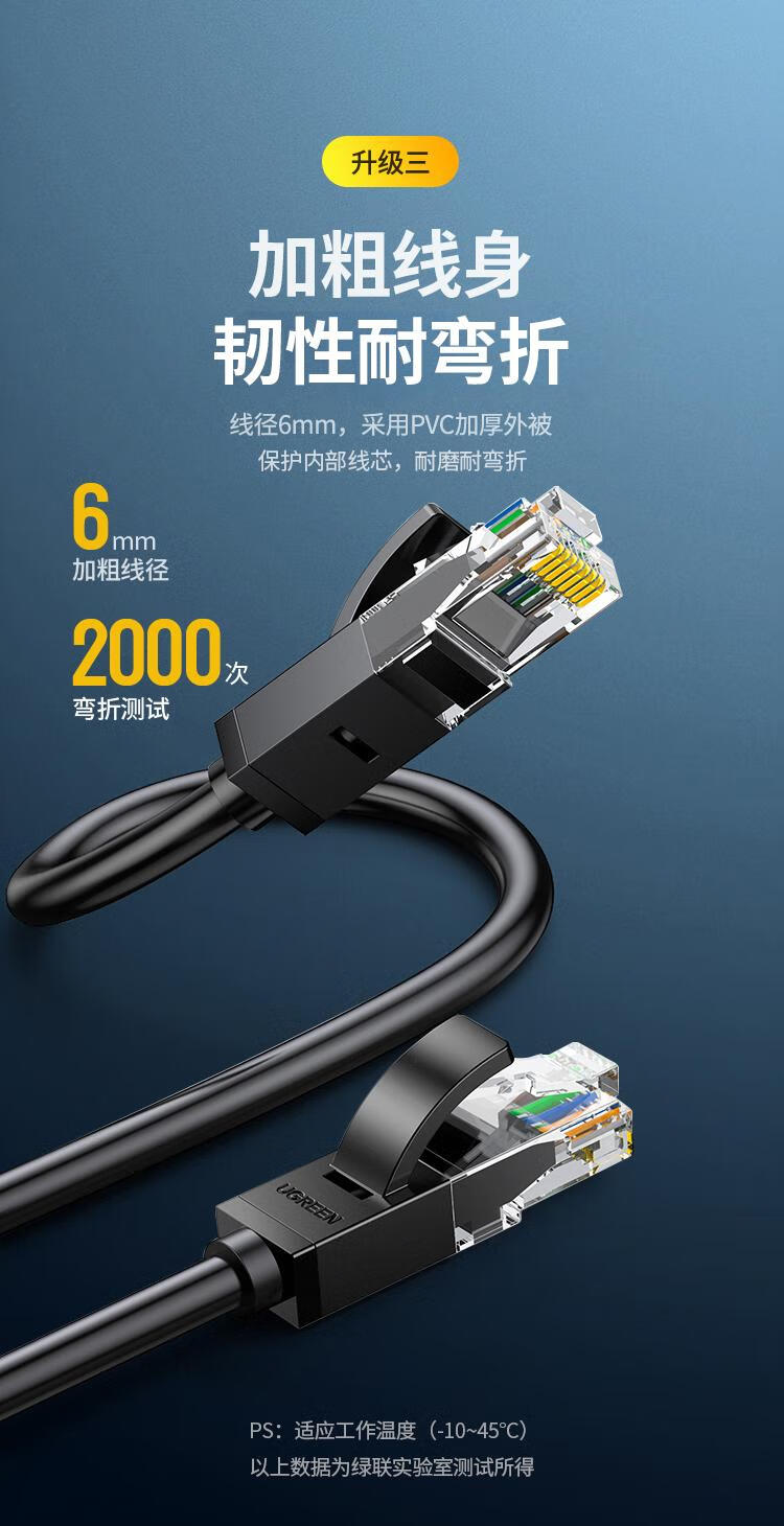 绿联（UGREEN）六类CAT6类网线 千兆网络连接线 扁平跳线 成品网线 黑色 20米 50181