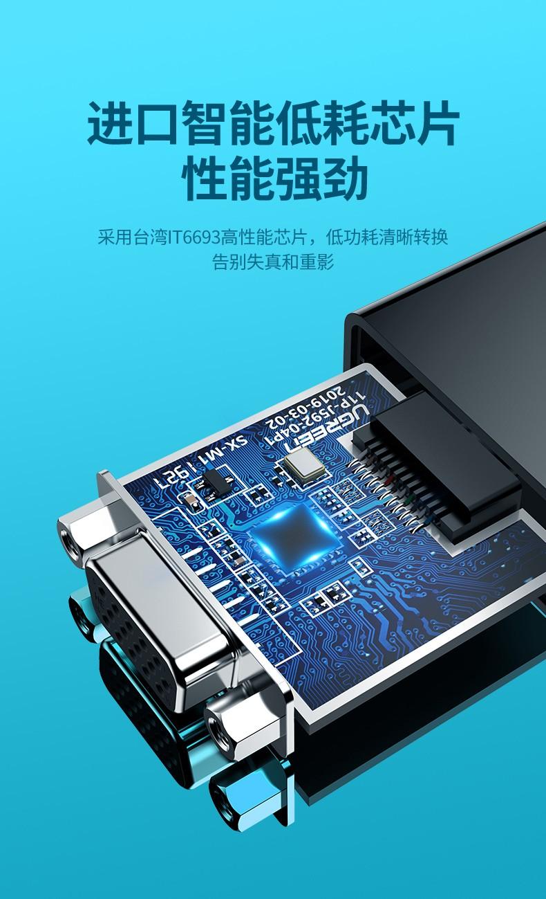 绿联（UGREEN）HDMI转VGA线转换器 高清转接头适配器PPT投影仪线 黑 60738
