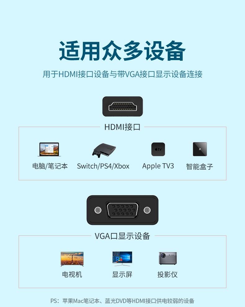 绿联（UGREEN）HDMI转VGA线转换器 高清转接头适配器PPT投影仪线 黑 60738