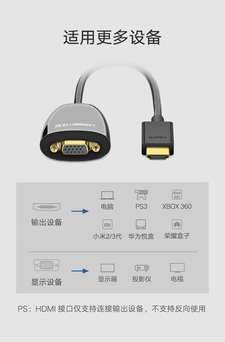 绿联（UGREEN）HDMI转VGA线转换器 高清视频转接头  黑 40253