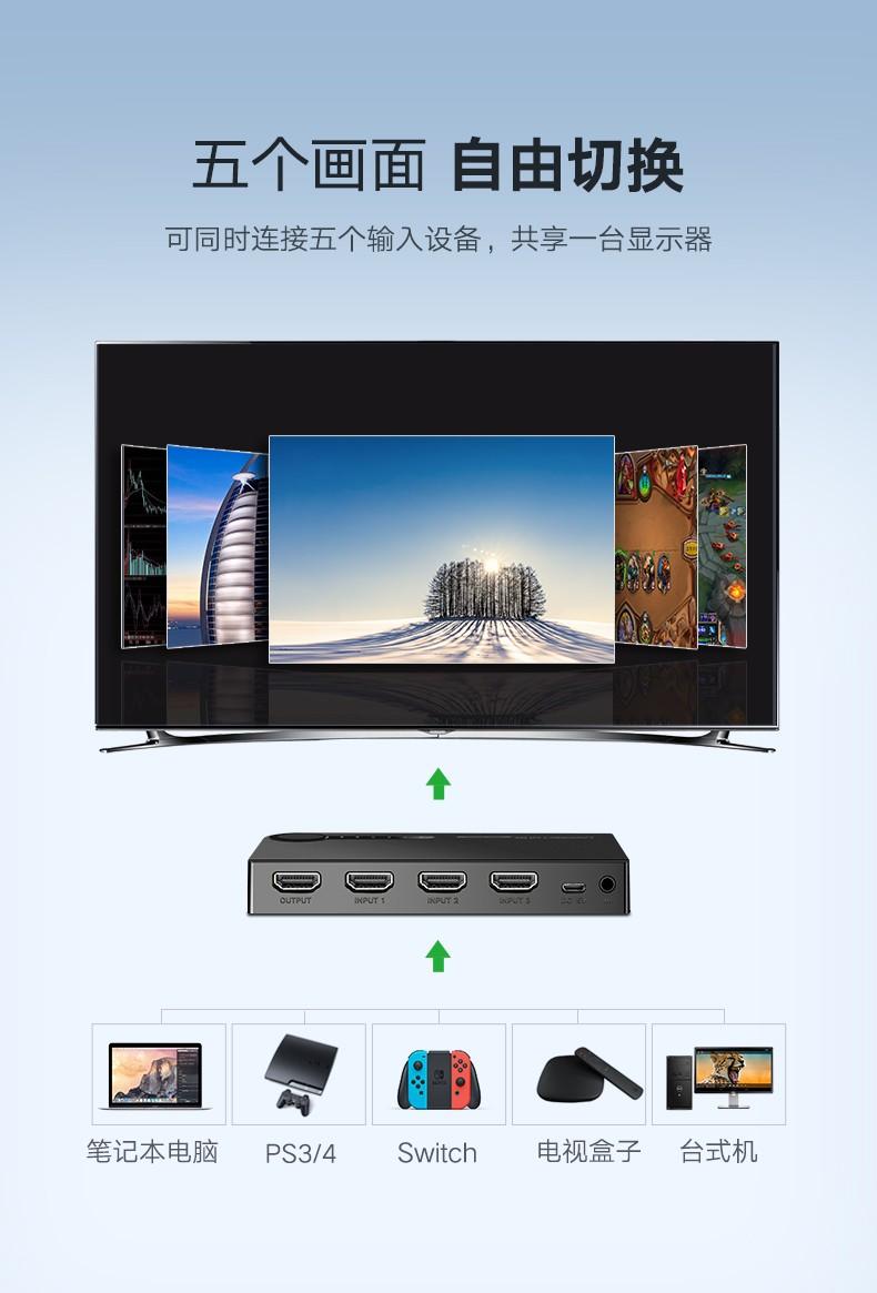绿联（UGREEN）HDMI切换器五进一出 4K高清视频切屏器共享显示器 5进1出 40205