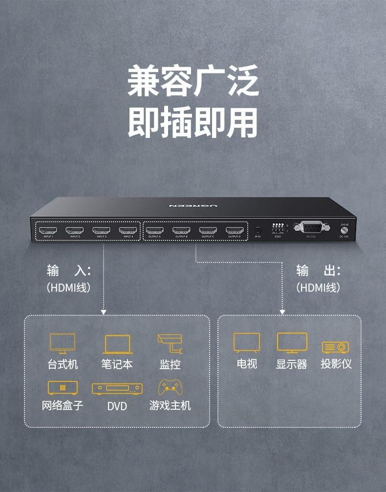 绿联（UGREEN）HDMI2.0矩阵四进四出 4K切屏器 【4K/60Hz】CM289 70436