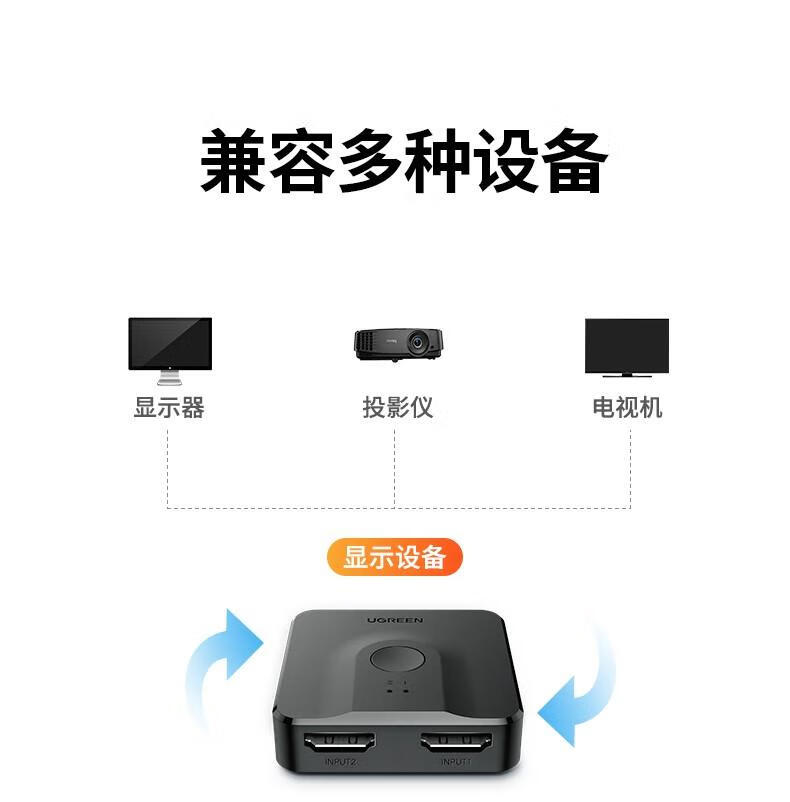 绿联（UGREEN）HDMI切换器二进一出 4K高清视频分配器一分二 带HDMI线 70607