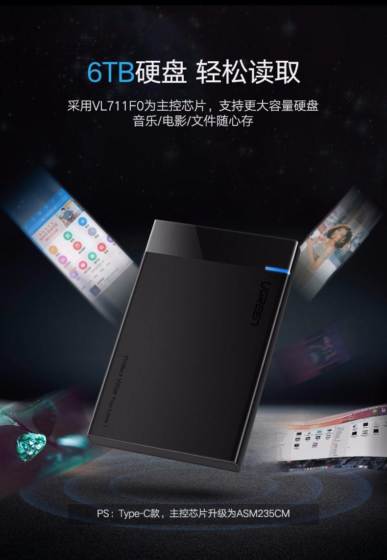 绿联（UGREEN）Type-C移动硬盘盒 USB3.1 2.5英寸硬盘盒  黑色 US221