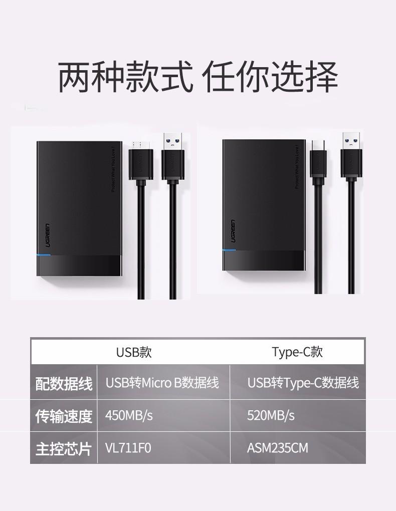 绿联（UGREEN）Type-C移动硬盘盒 USB3.1 2.5英寸硬盘盒  黑色 US221