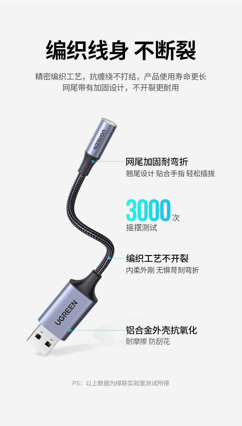绿联（UGREEN）USB外置声卡 转3.5mm转换器耳机麦克风二合一 25cm CM477