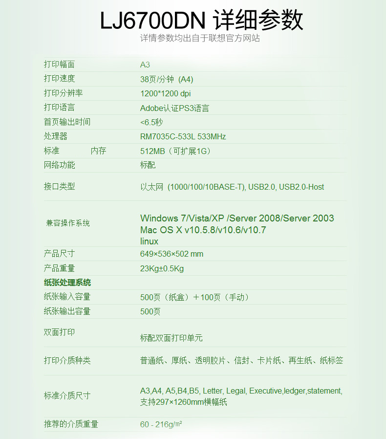 联想（Lenovo）LJ6700DN 黑白激光打印机 38页/分钟高速A3打印 企业办公商用 双面网络打印