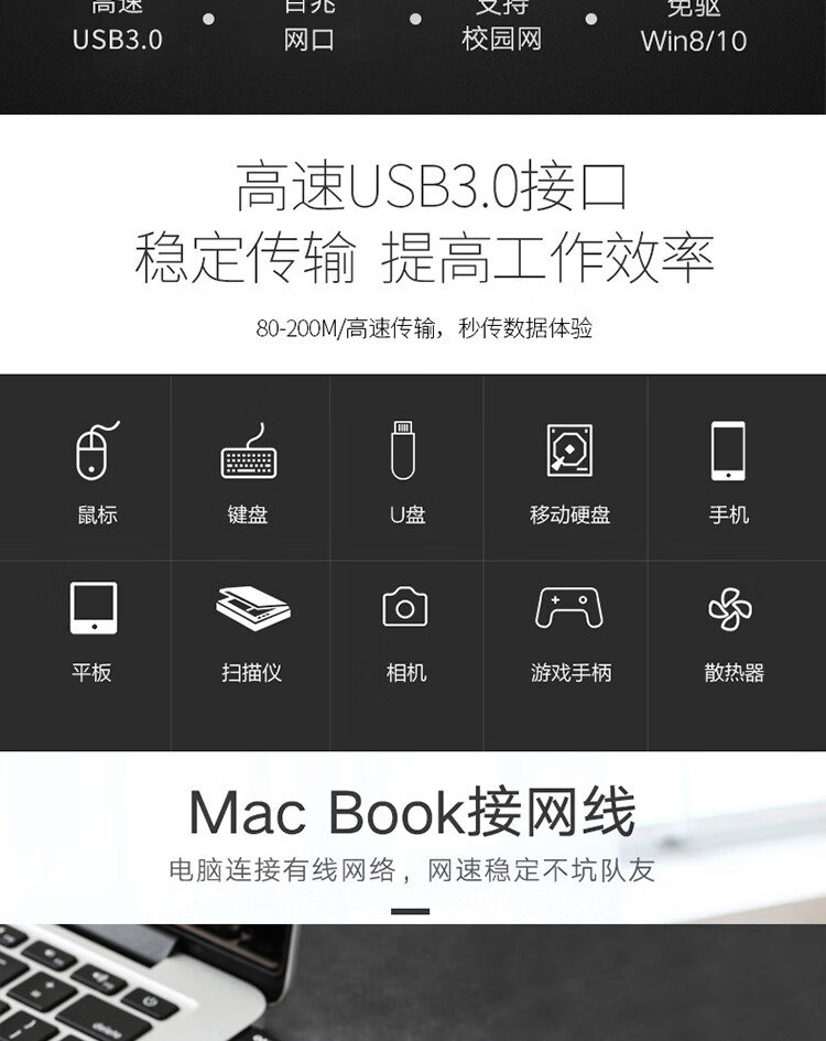 联想（Lenovo）USB-C集线器USB分线器转接器扩展坞 转千兆网口以太网 C625 黑色 1个