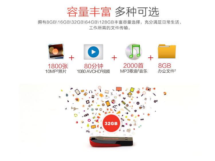 闪迪 (SanDisk)32GB USB2.0 U盘 CZ50酷刃 黑红色 时尚设计 安全加密软件