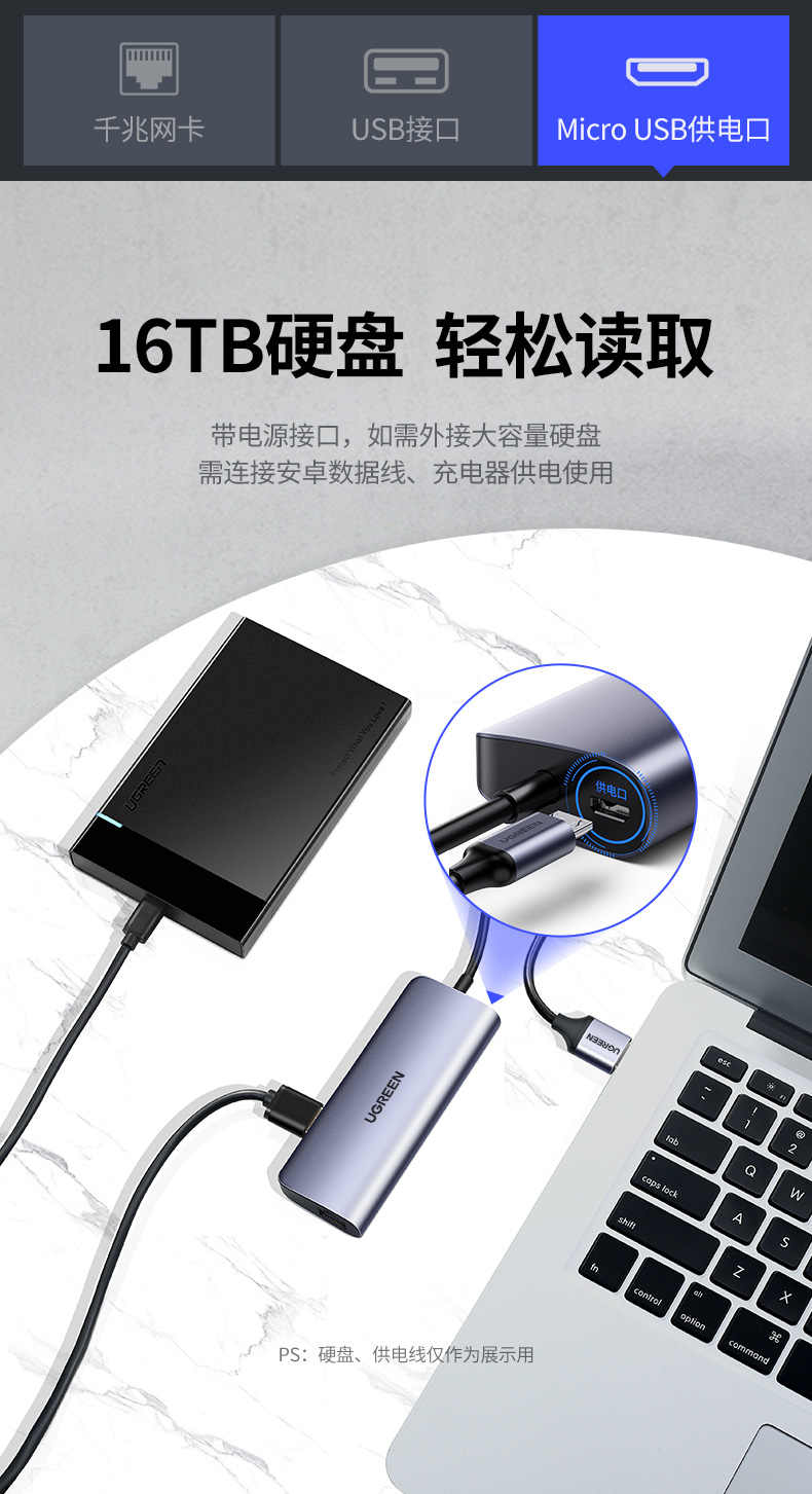绿联 USB转千兆网口3.0分线器 笔记本外置有线网卡网线转换头扩展坞 电脑拓展坞HUB集线器RJ45转接器60719