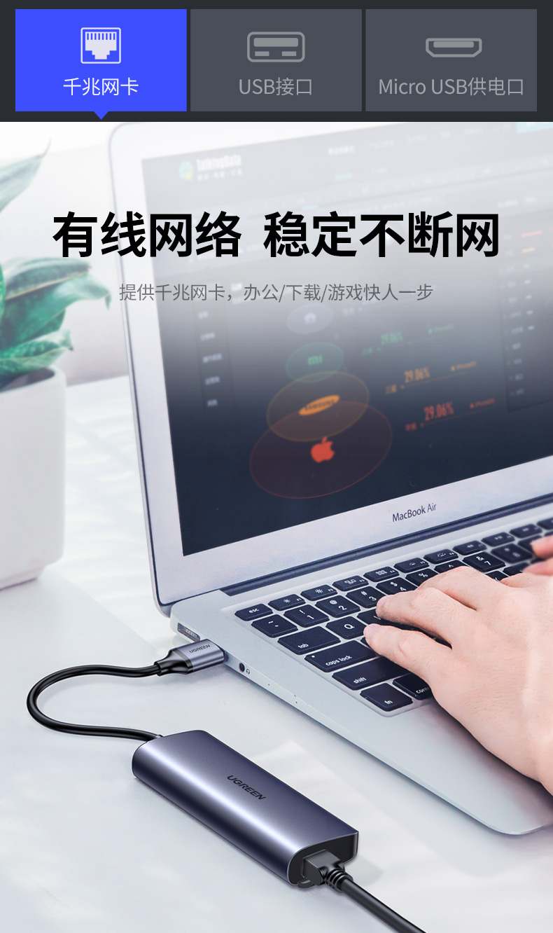 绿联 USB转千兆网口3.0分线器 笔记本外置有线网卡网线转换头扩展坞 电脑拓展坞HUB集线器RJ45转接器60719