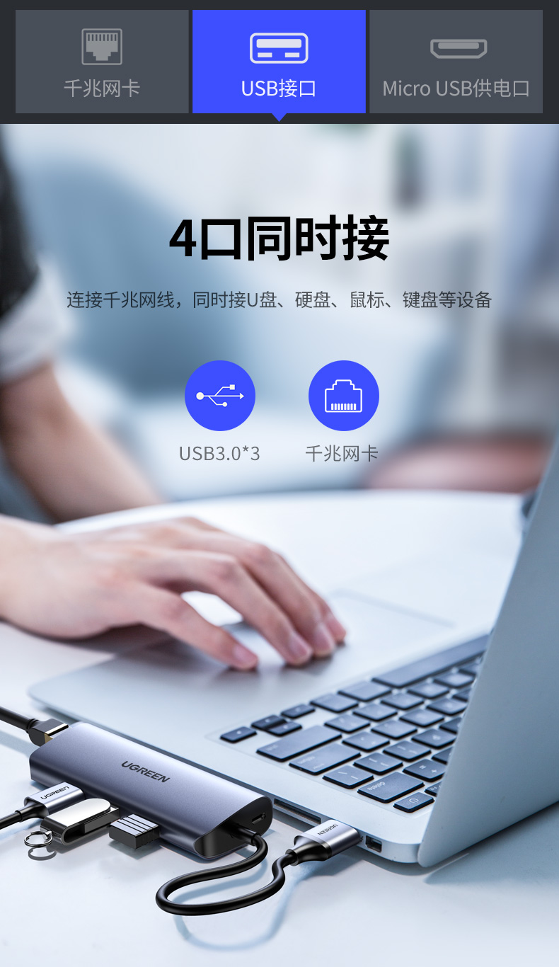 绿联 USB转千兆网口3.0分线器 笔记本外置有线网卡网线转换头扩展坞 电脑拓展坞HUB集线器RJ45转接器60719