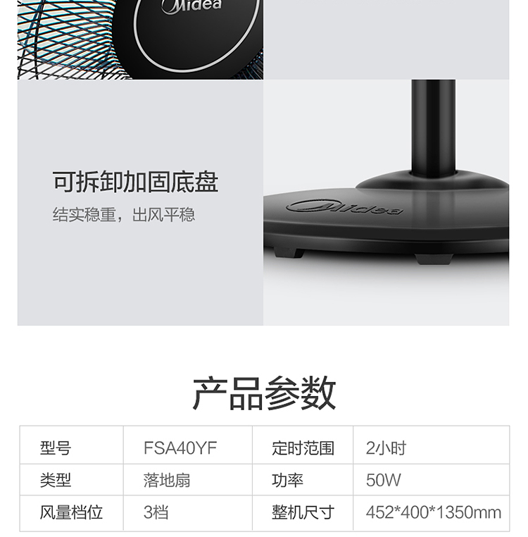 美的（Midea）电风扇落地扇 台式落地扇 家用落地扇 三叶风扇立式16吋风扇FSA40YF（黑色）
