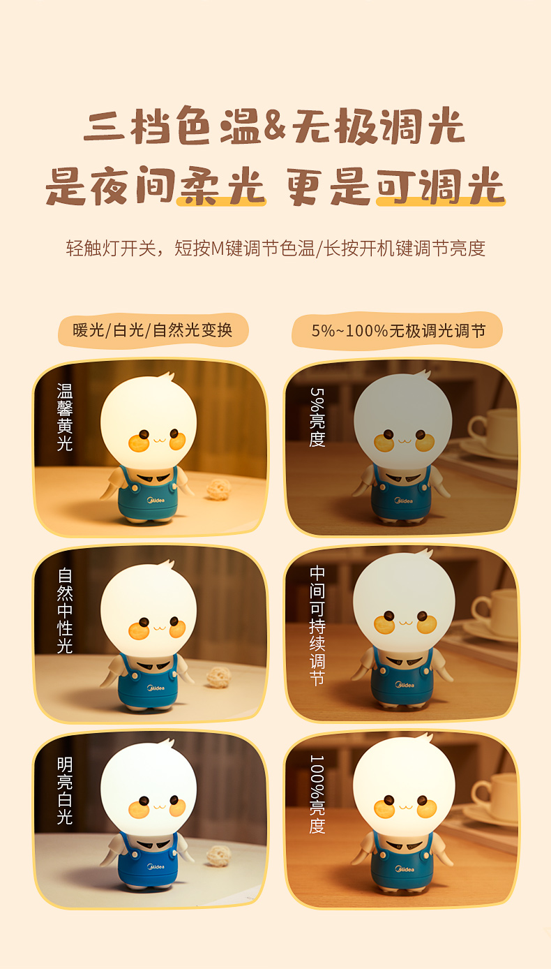 美的（Midea）LED卧室台灯 美小明系列装饰小夜灯 三种模式 无极调光 MTD1.5-M/K-01