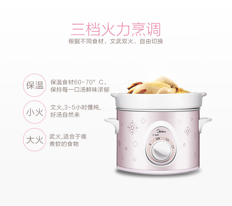 美的（Midea）电炖锅2L 电炖锅 白瓷 慢炖家用保温机械式 文火锅煲 家用 防溢两档 BGH20A