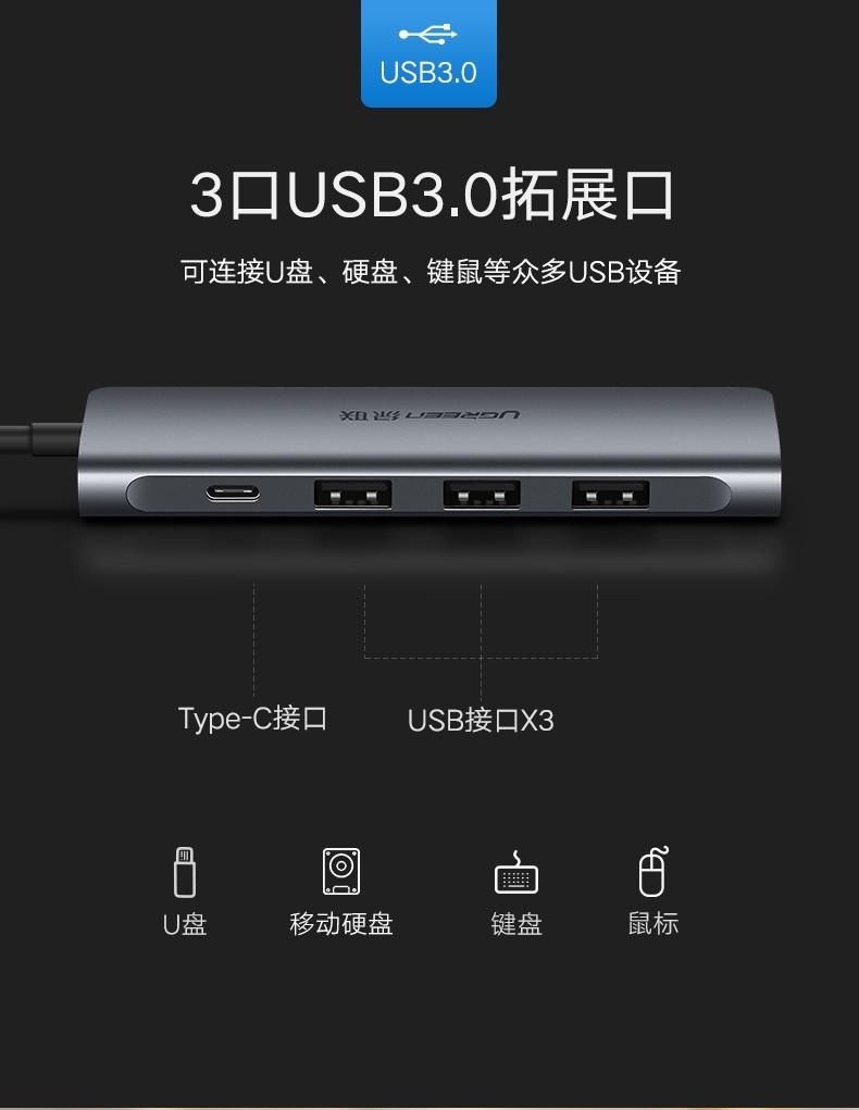 绿联（UGREEN） Type-C扩展坞USB-C转HDMI转换器3.0分线器 HDMI款70495