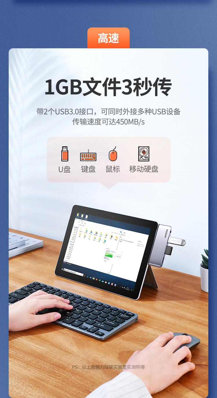 绿联（UGREEN）扩展坞适用微软Surface Go 音频耳机声卡拓展坞 80332