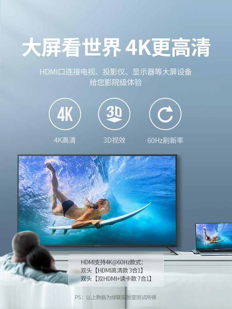 绿联（UGREEN）Type-C扩展坞USB-C转HDMI\/雷电3拓展坞转换器 双C头60560
