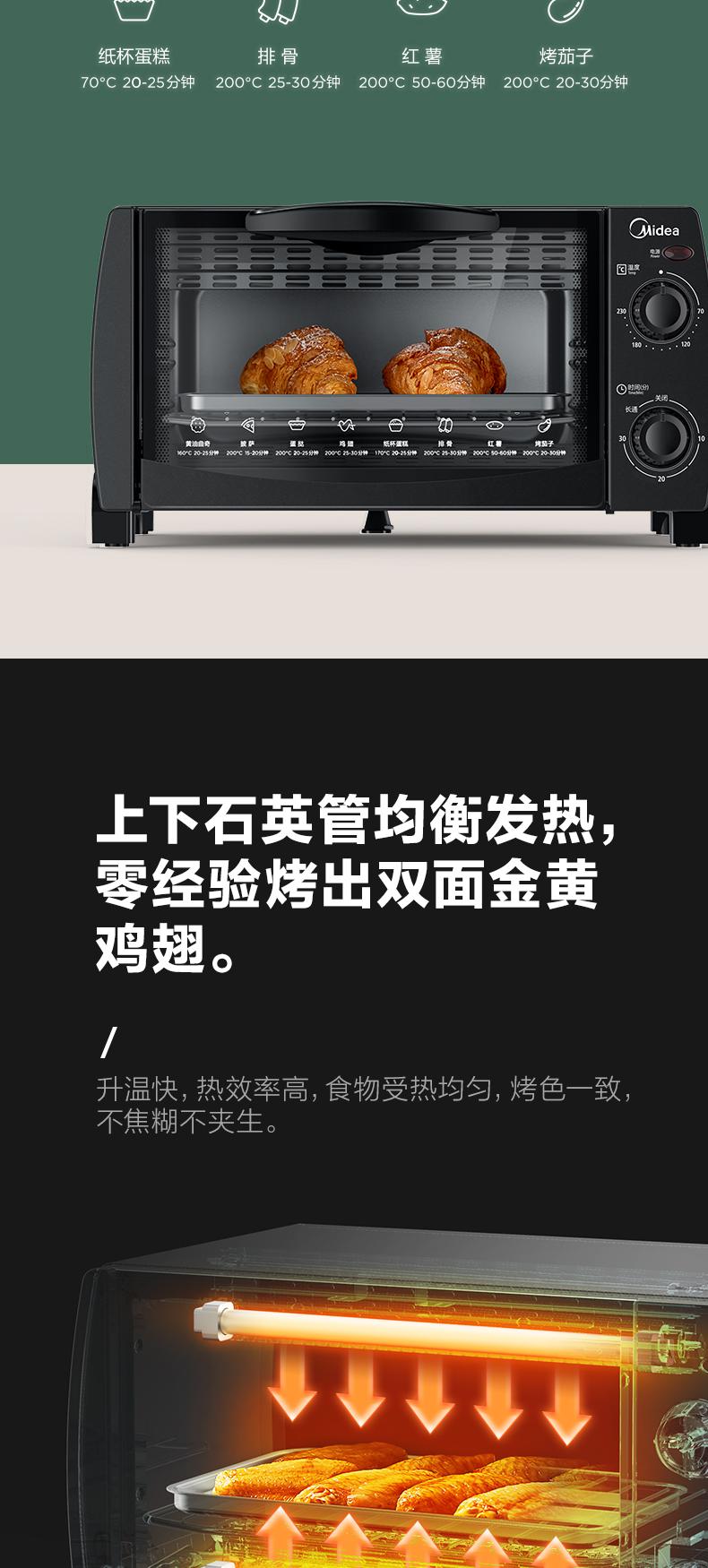 美的（Midea）电烤箱 PT1012（黑色）电烤 10L 烧烤 烘培箱 迷你家用多功能 蛋糕鸡翅 定时调温