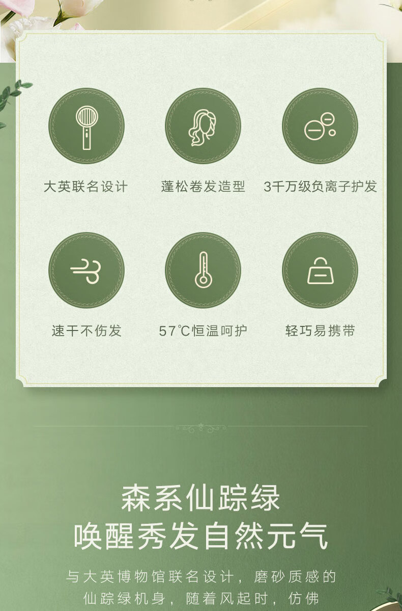 美的（Midea）电吹风（仙踪绿） 3000万负离子电吹风 家用速干护发吹风筒 MB-AJ0502