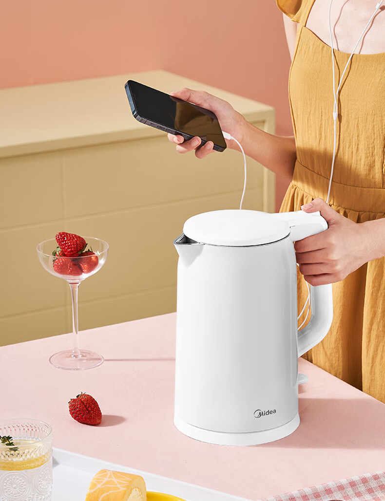美的（Midea）电水壶/热水瓶（白色）1.7L大容量 家用 烧水壶 双层防烫 304不锈钢水壶 MK-AEK1769