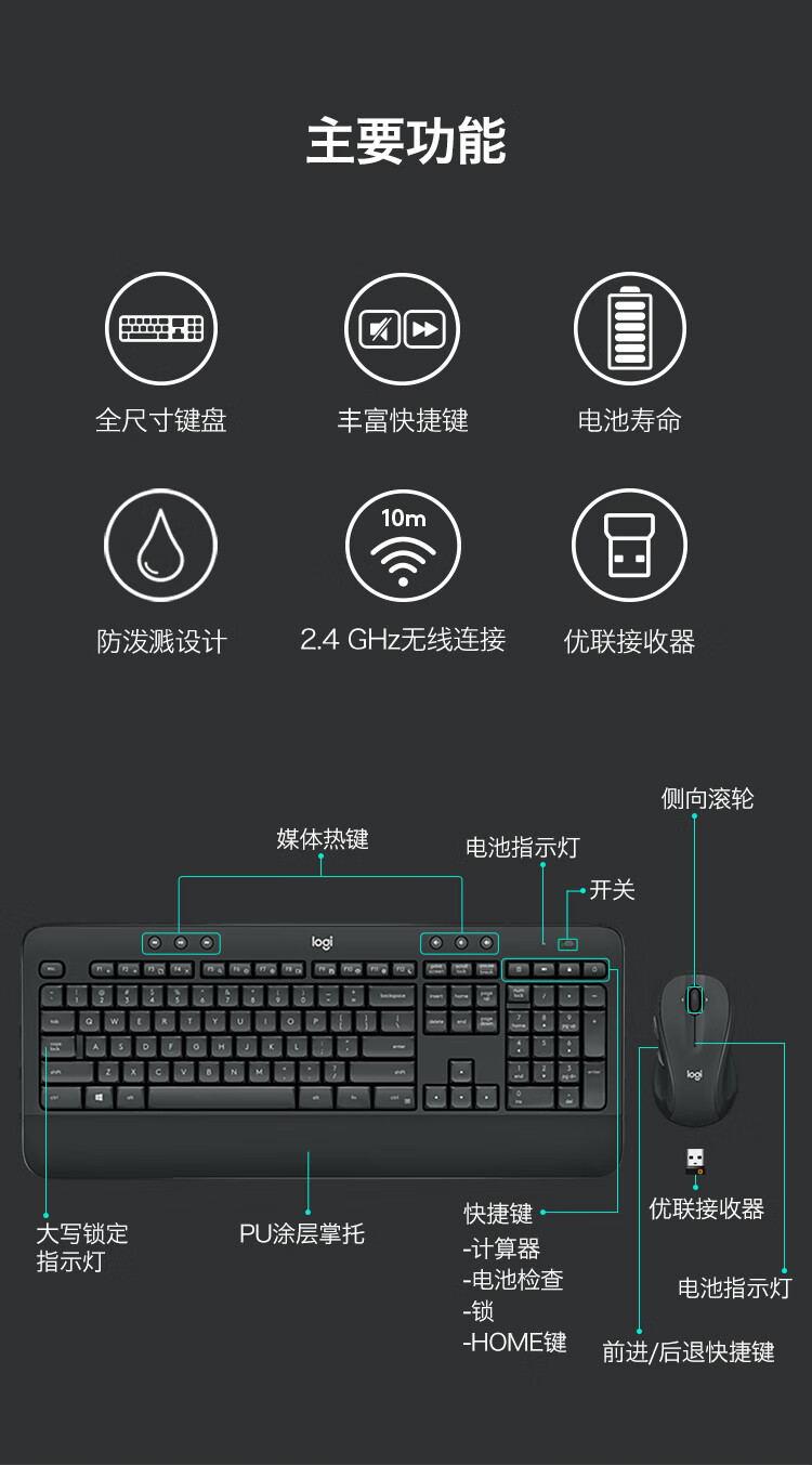 罗技（Logitech）无线键鼠套装 黑色 防泼溅 优联 舒适掌托 办公套装无线便捷按键舒适MK545