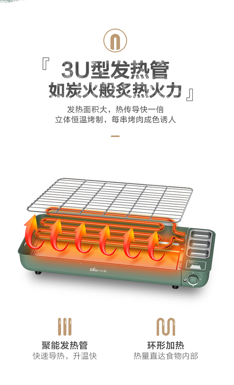 小熊（Bear）电烧烤炉   烤串机 烧烤架 烤肉机 DKL-D20M2 家用电烤架电烧烤炉 多功能不粘大容量电烤炉