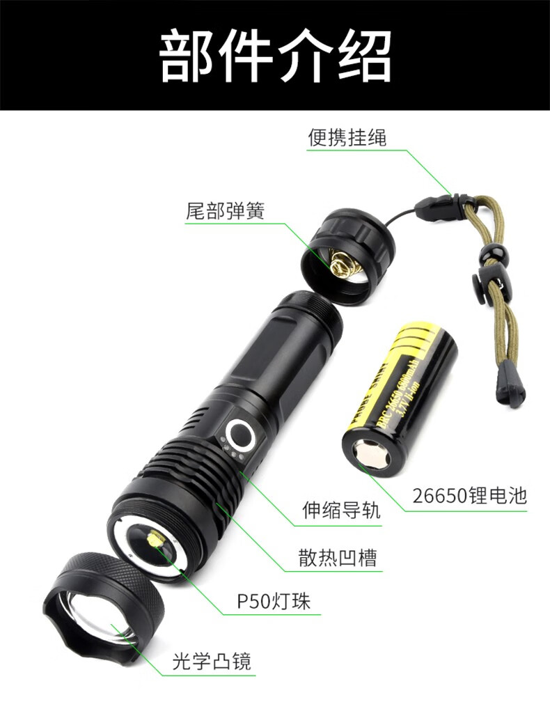 三极户外(Tri-polar)TP3387 强光手电筒P50灯珠LED伸缩变焦电量显示充电夜钓USB充电手电筒17*3.5*4.2cm黑色