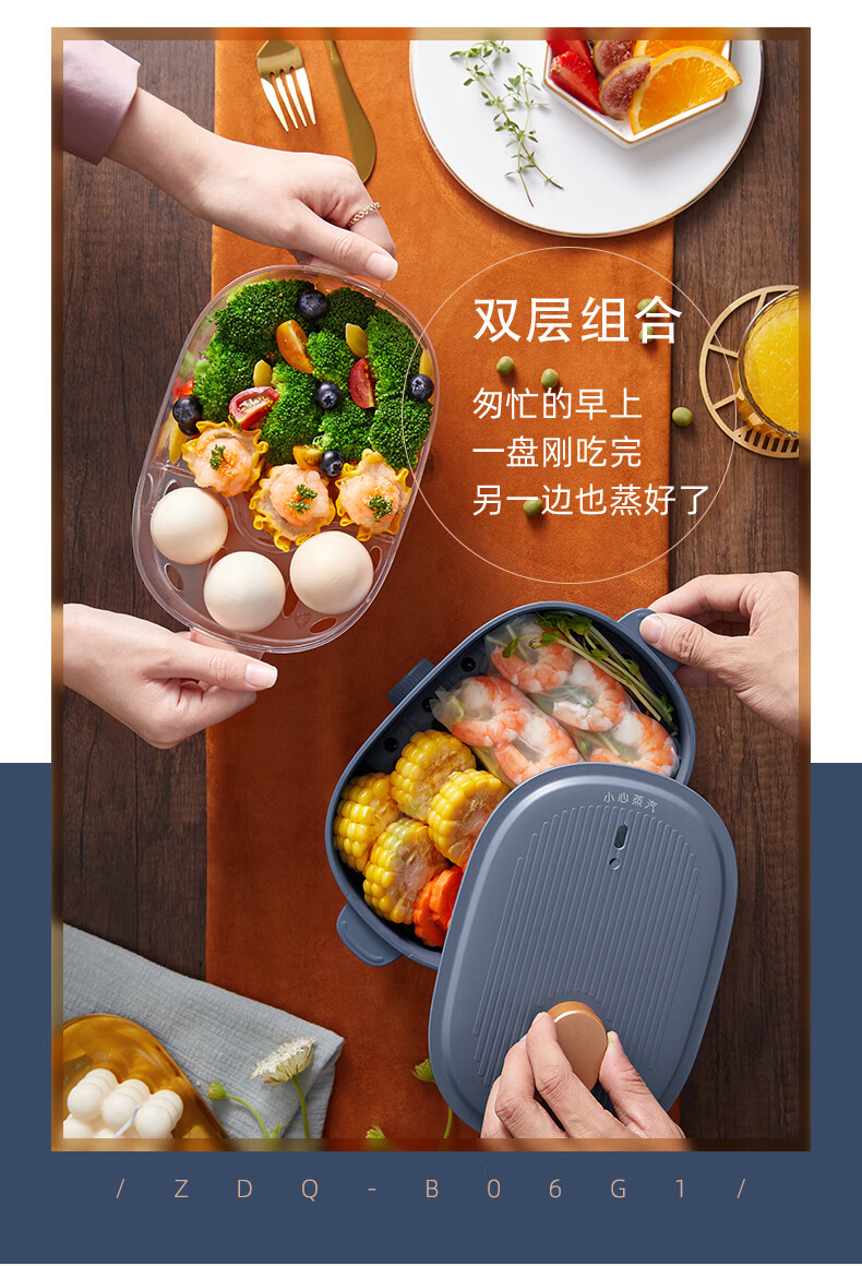 小熊（Bear）煮蛋器 蒸蛋器 迷你电蒸锅 小型家用自动断电双层旋钮定时 ZDQ-B06G1 蓝色