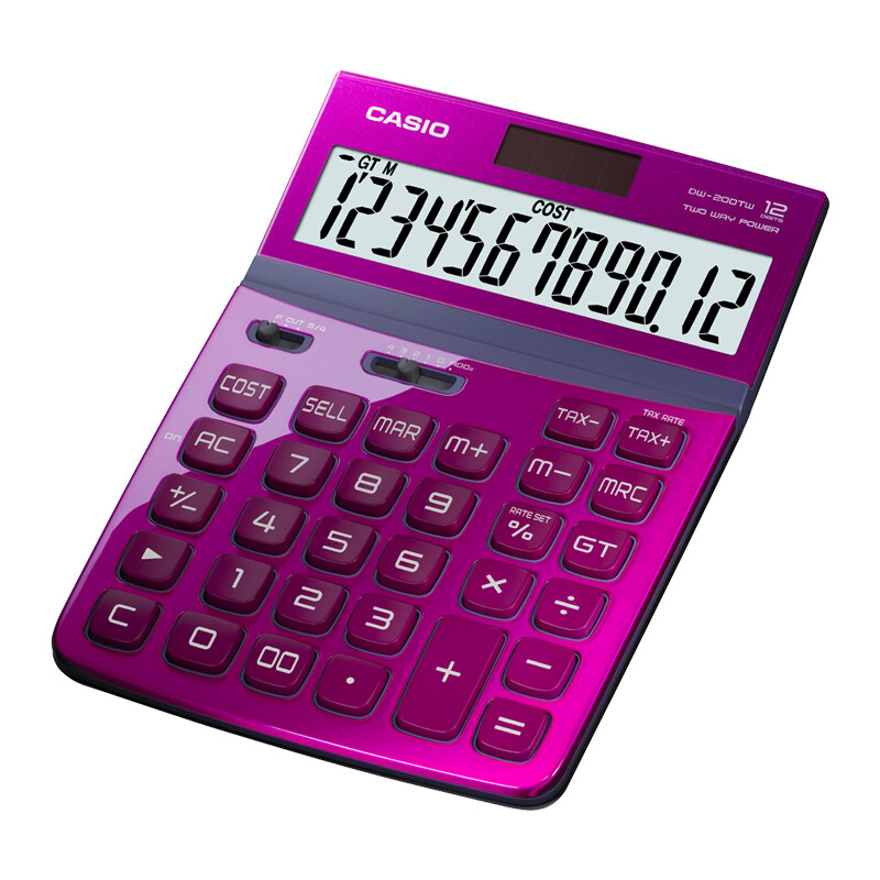 卡西欧（CASIO）财务计算器 12位数太阳能电子计算器 台式办公计算机 DW-200TW 魅惑红