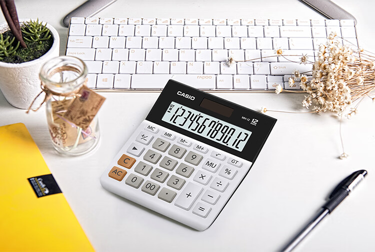 卡西欧（CASIO）小型计算器 12位双电源超宽计算器 塑胶按键 快速反应键 专业计算系列 MH-12-WE 白色