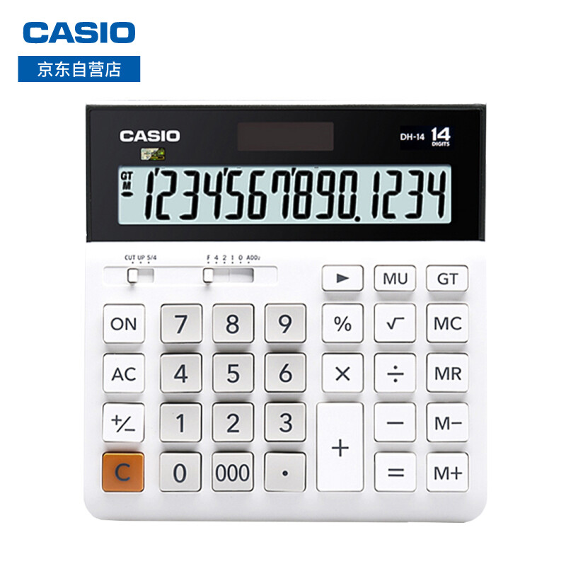卡西欧（CASIO）中型计算器 14位大额计算机 双电源超宽计算器 专业计算系列 DH-14-WE 白色
