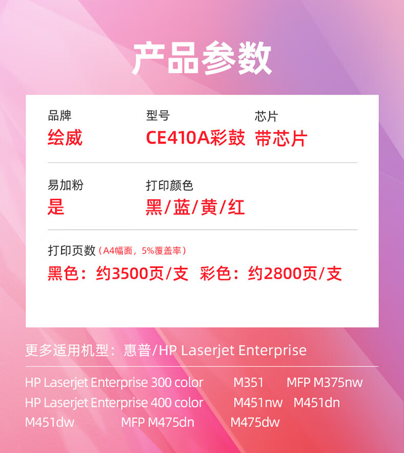 绘威CE411A 305A蓝色青色易加粉硒鼓 适用惠普HP M351a M375nw M451dn M451nwM475dn CC530A佳能LBP7660粉盒