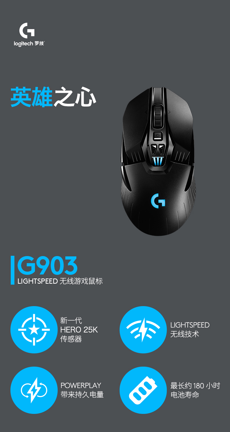 罗技（G）G903 LIGHTSPEED 升级版 无线游戏鼠标 RGB 无线鼠标 吃鸡鼠标