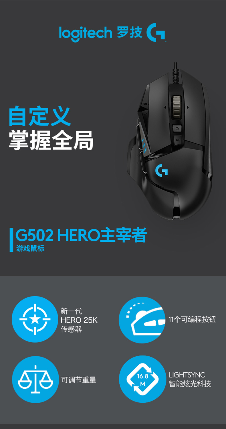 罗技（G）G502 HERO主宰者 游戏鼠标 有线鼠标 电竞机械 吃鸡大手 男生 G502 HERO