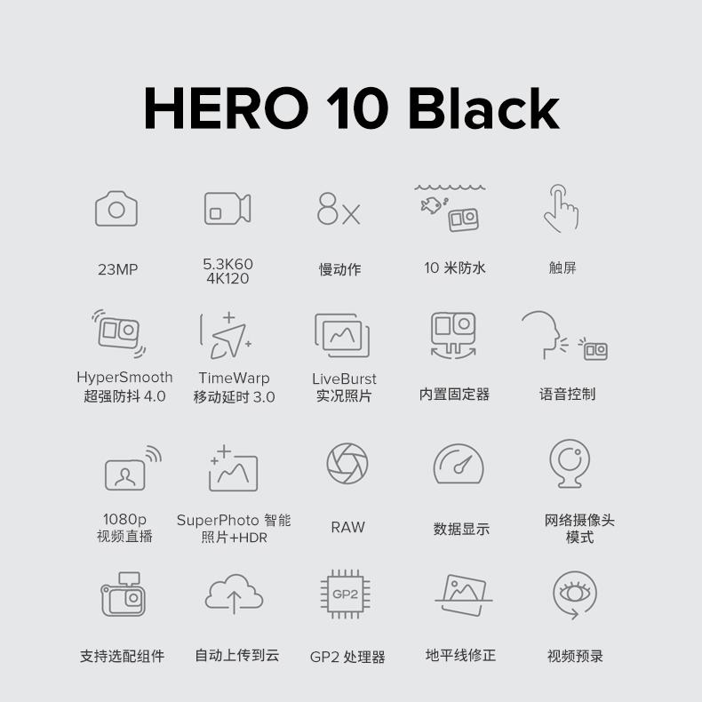 GoPro HERO10 Black 运动相机 防水记录防抖户外摩托骑行水下 照相机 Vlog数码运动摄像机
