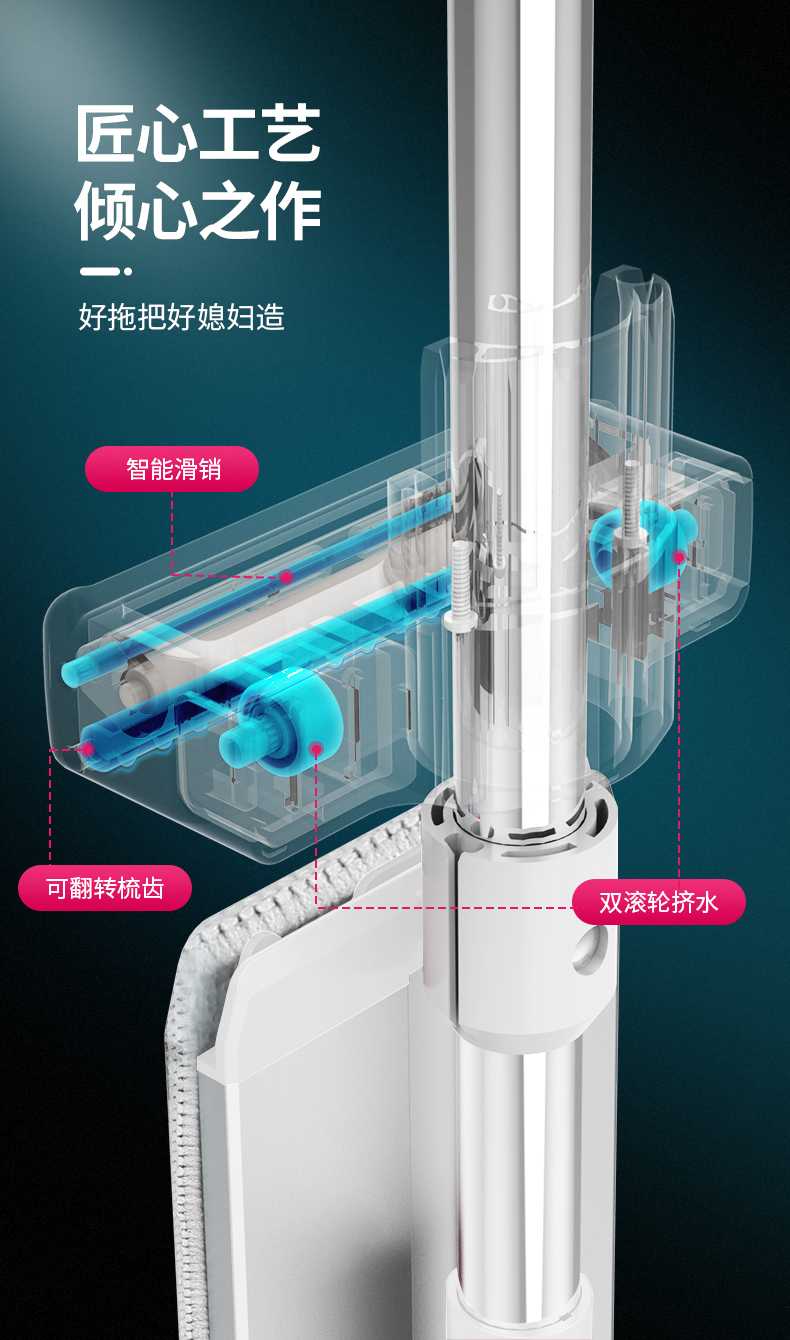 好媳妇免手洗懒人平板旋转拖把不锈钢干湿两用地拖易洁40cm自滤平推HD-7013