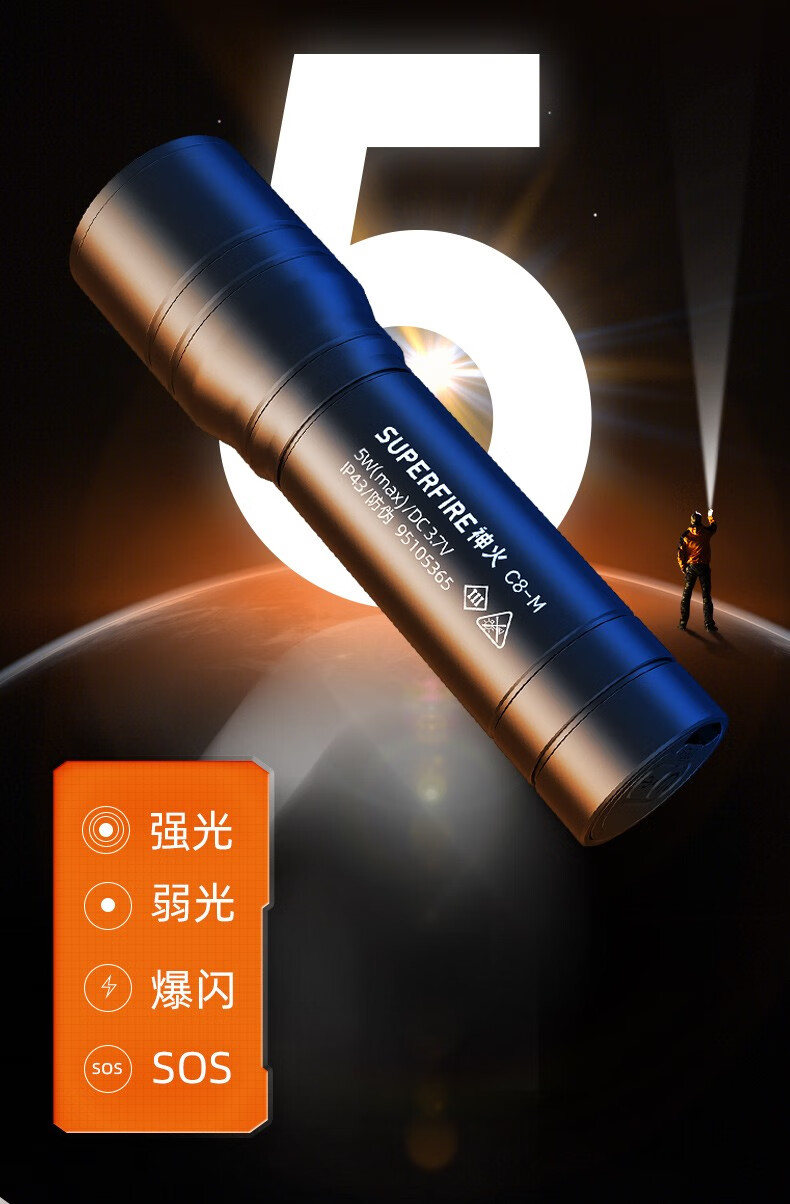 神火（supfire）强光手电筒充电式迷你便携户外骑行应急灯C8-M