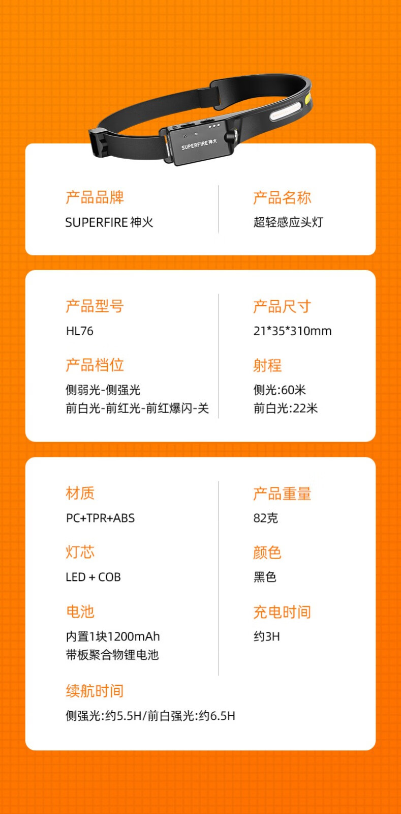 神火（supfire）LED强光头灯USB充电感应式户外运动头戴手电筒HL76