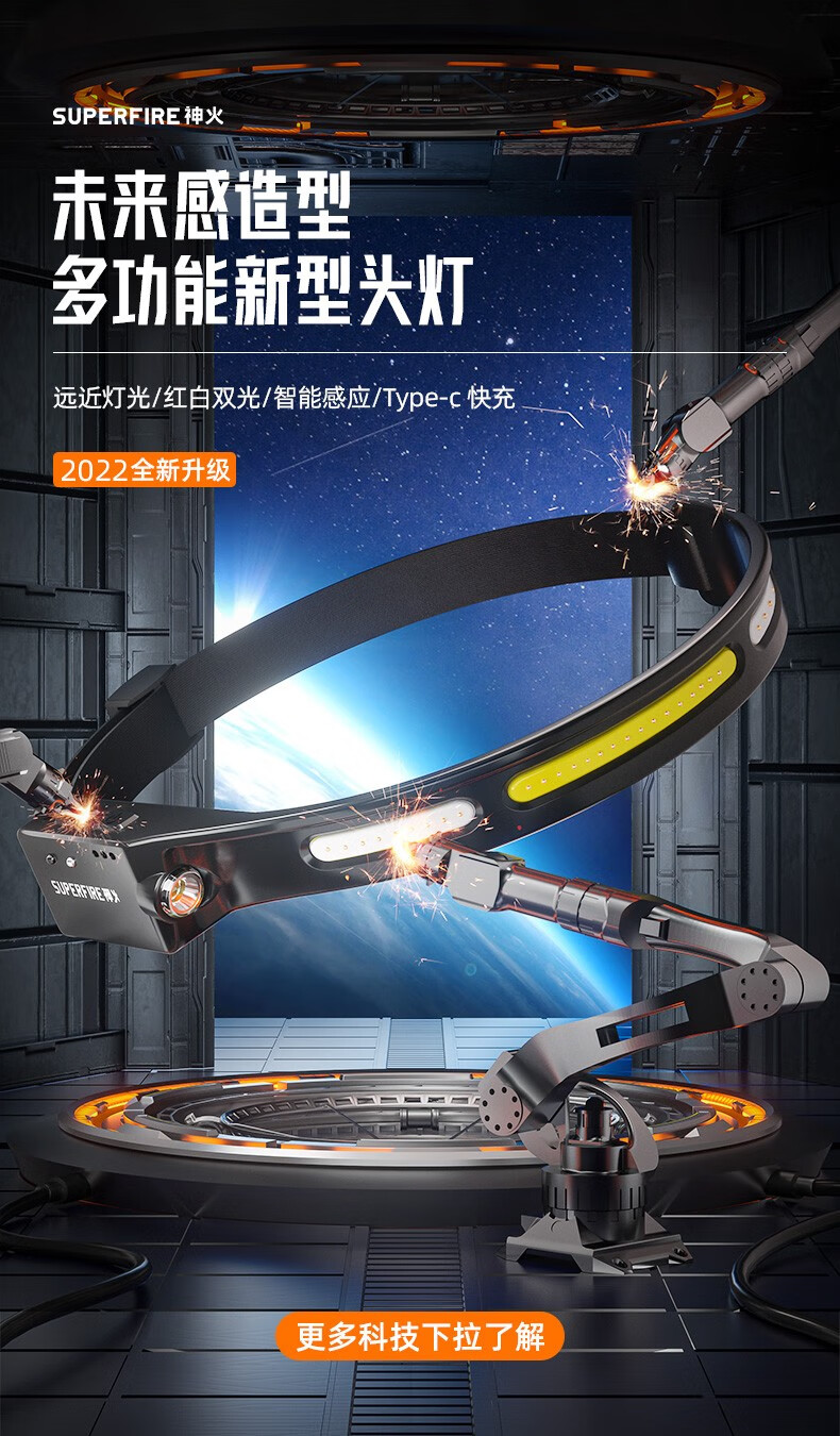 神火（supfire）LED强光头灯USB充电感应式户外运动头戴手电筒HL76