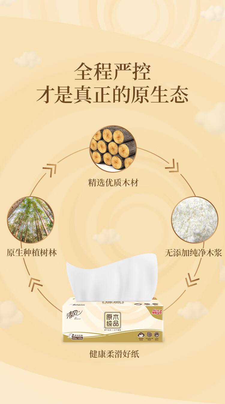 清风(APP) 抽纸  大原木纯品2层200抽*3包软抽 抽取式面巾纸 L码3提（新老包装交替发货）母婴可用 BR38LC1S1