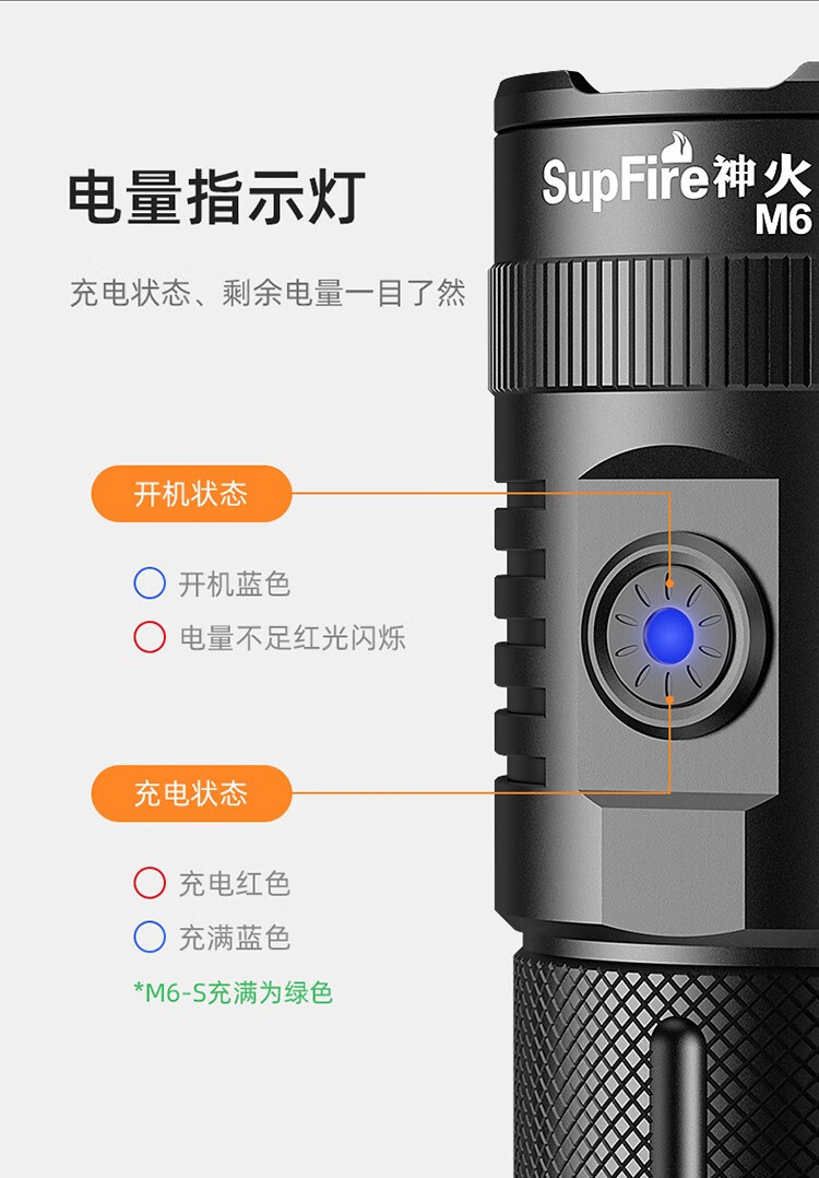 神火（supfire）M6-S强光手电筒超亮远射充电式探照灯应急户外家用