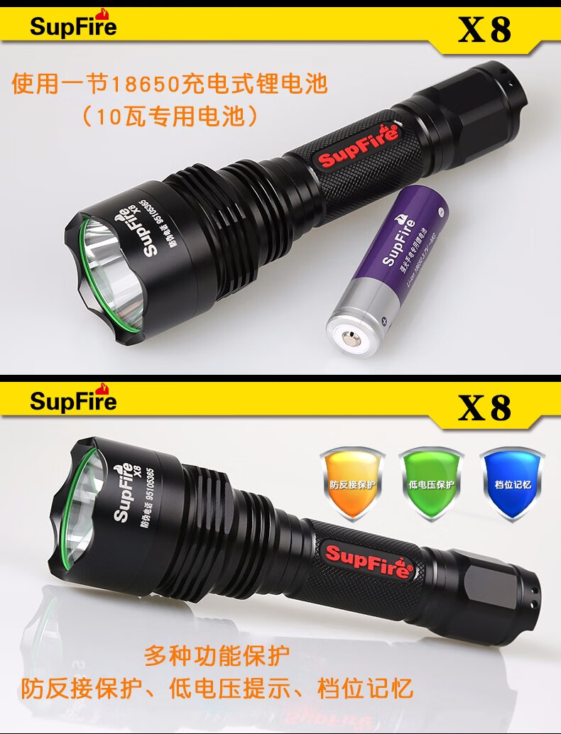 神火（supfire）X8强光手电筒 多功能充电式远射LED迷你超亮户外骑行防水防身便携灯
