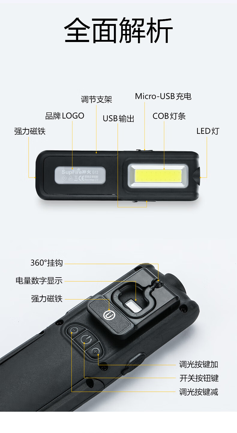 神火（supfire）强光手电 多功能USB充电LED手电户外汽修应急工作灯G12