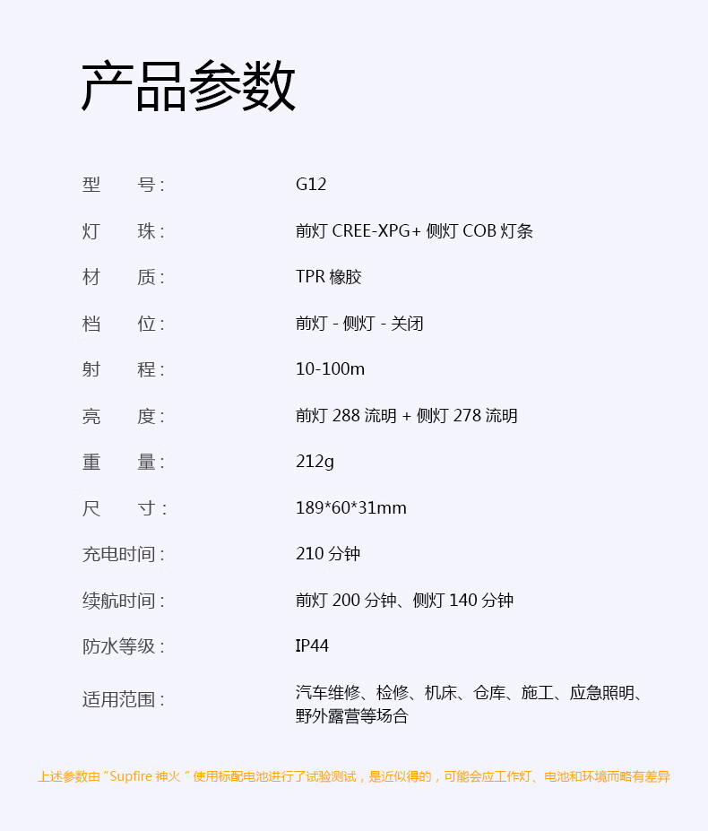 神火（supfire）强光手电 多功能USB充电LED手电户外汽修应急工作灯G12