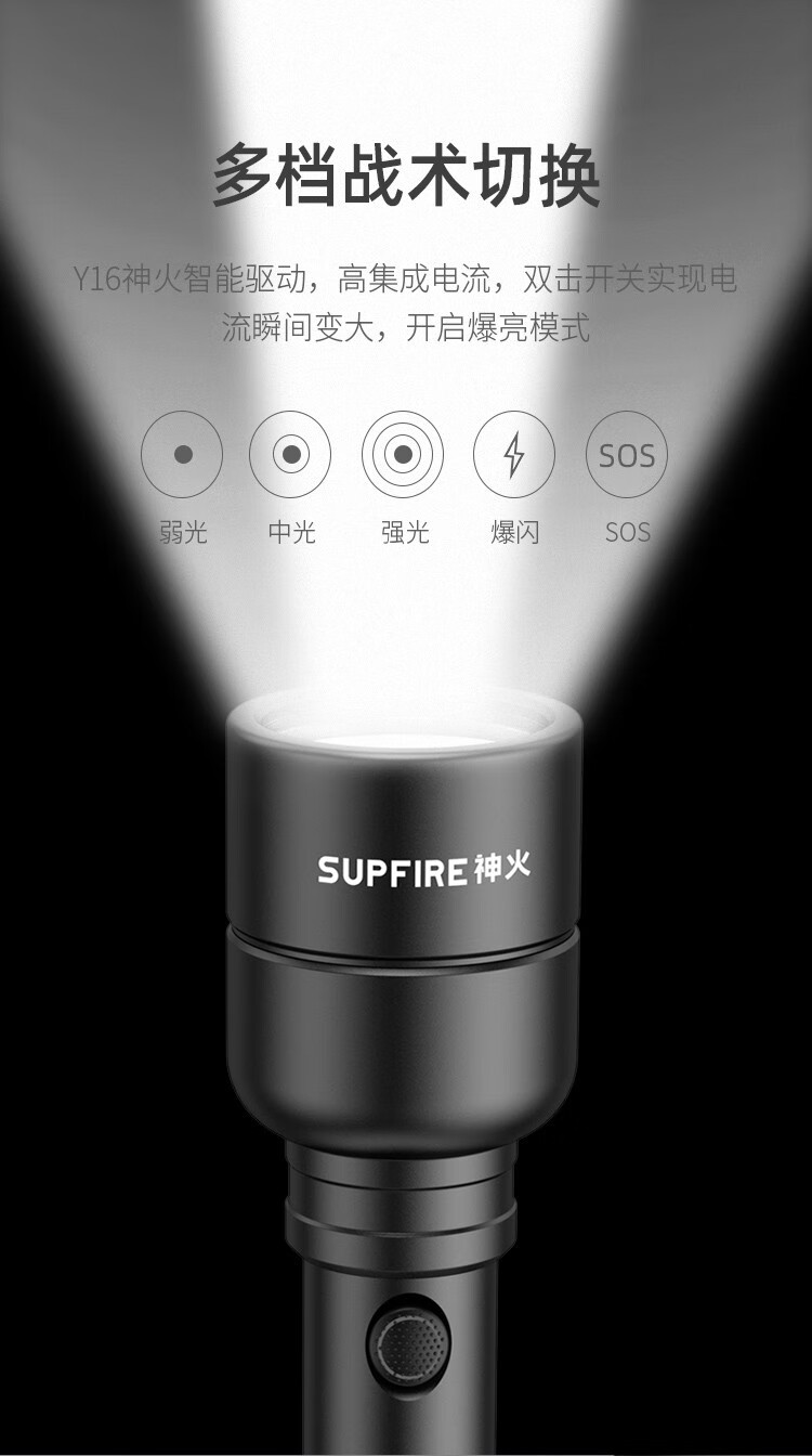 神火 （supfire）Y16手电筒强光远射LED高亮骑行户外灯Type-c充电式家用超长防身应急灯