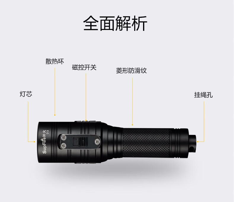 神火（supfire）D3潜水强光手电筒 钢化光学玻璃 充电式 可水下100米使用摄影户外骑行钓鱼