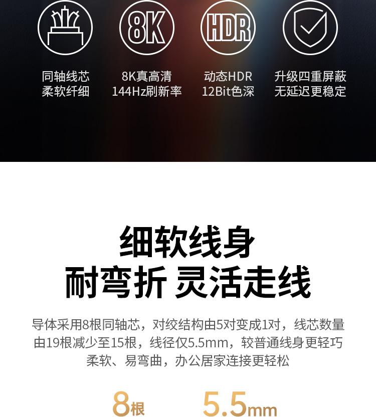 绿联 HDMI2.1同轴线 8K60Hz 4K120Hz 视频连接线 1.5米 80840
