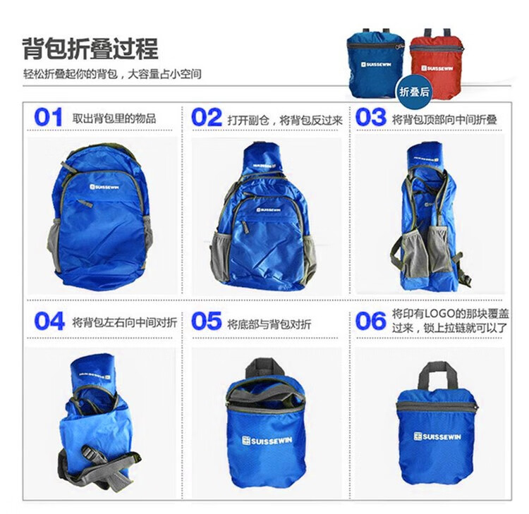 SUISSEWIN瑞士军刀双肩包男女情侣款皮肤包防泼水多功能收纳折叠包超轻休闲旅行运动便携 蓝色