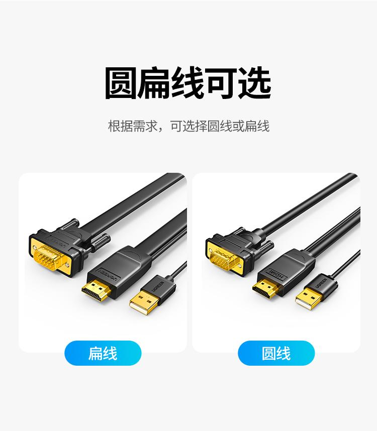 绿联 HDMI转VGA线 高清视频转换器转接头通用机顶盒电脑连接显示器投影仪1.5米扁线 40267